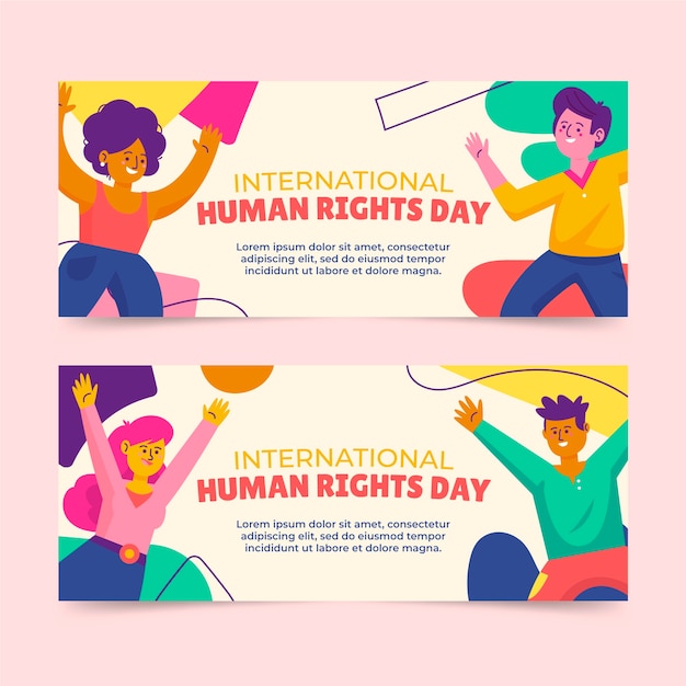 Conjunto de banners horizontais planos desenhados à mão para o dia internacional dos direitos humanos