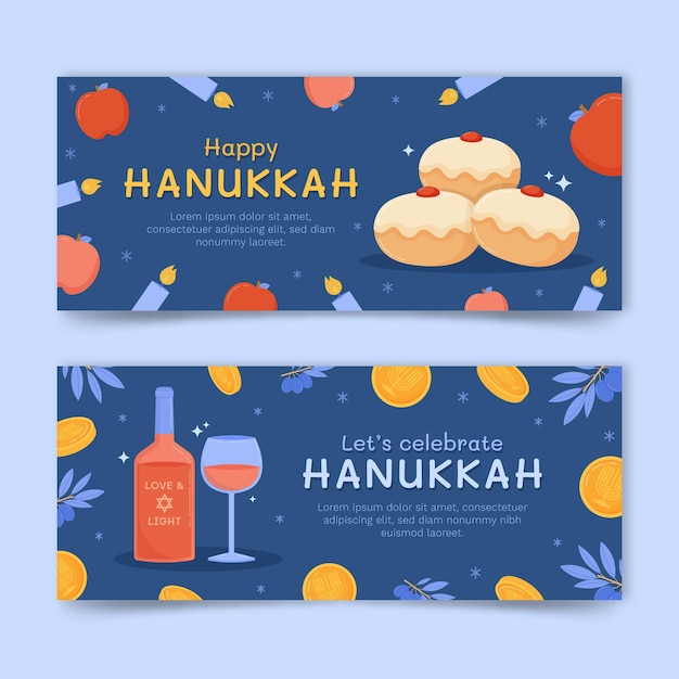 Vetor grátis conjunto de banners horizontais planos hanukkah desenhados à mão