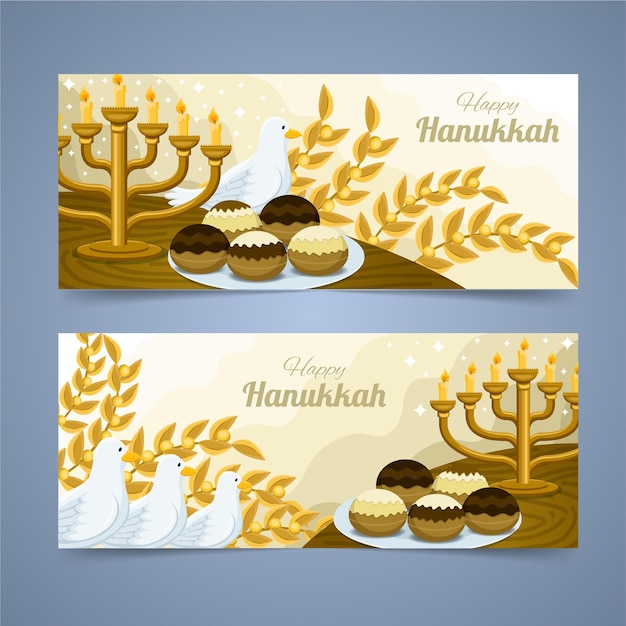 Conjunto de banners horizontais planos hanukkah desenhados à mão