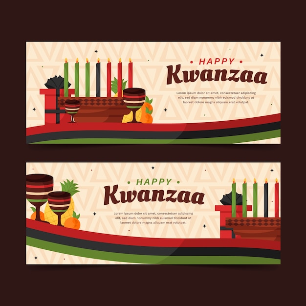 Conjunto de banners horizontais planos kwanzaa desenhados à mão