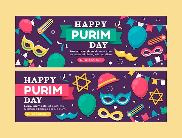 Conjunto de banners horizontais planos purim