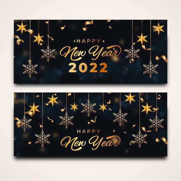 Vetor grátis conjunto de banners horizontais realista de feliz ano novo de 2022