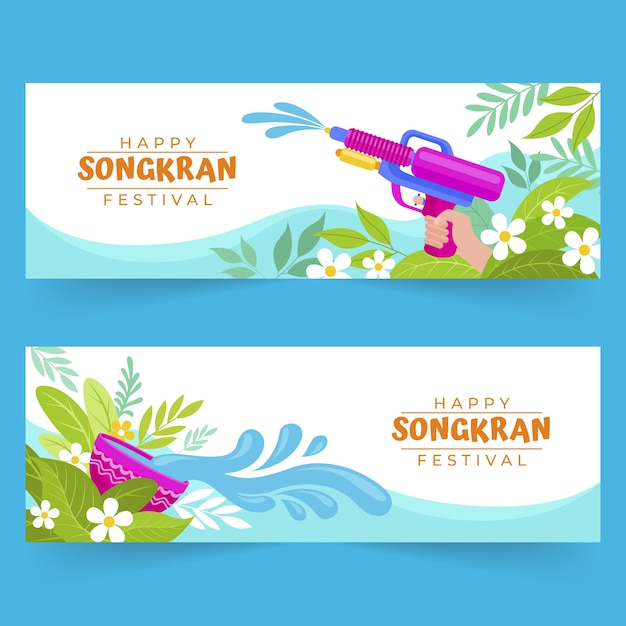 Vetor grátis conjunto de banners horizontais songkran plano