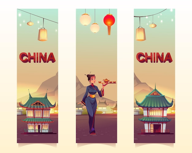 Conjunto de banners verticais da cultura chinesa e chinesa