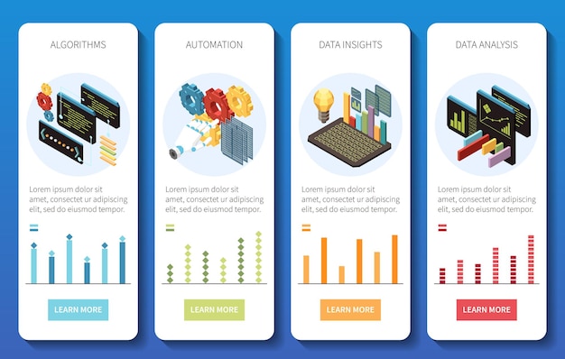 Vetor grátis conjunto de banners verticais de aprendizado de máquina com composições isométricas de gráficos de barras de ícones e ilustração vetorial de botões de texto