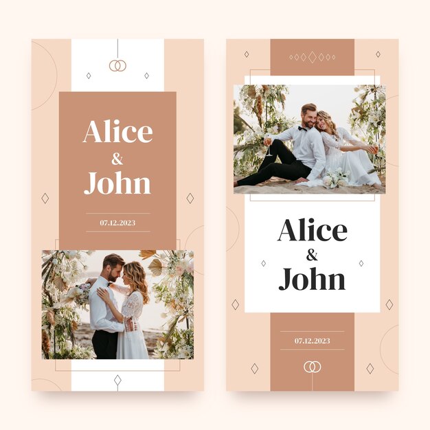 Conjunto de banners verticais de casamento mínimo plano