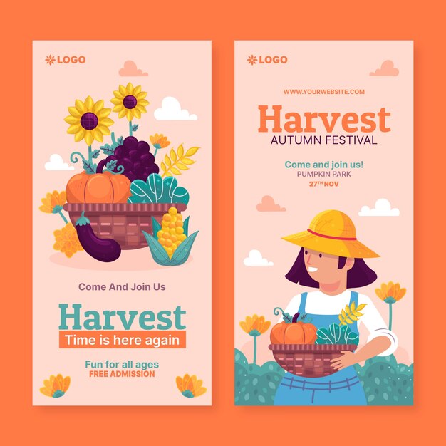 Conjunto de banners verticais de design plano de celebração do festival de colheita