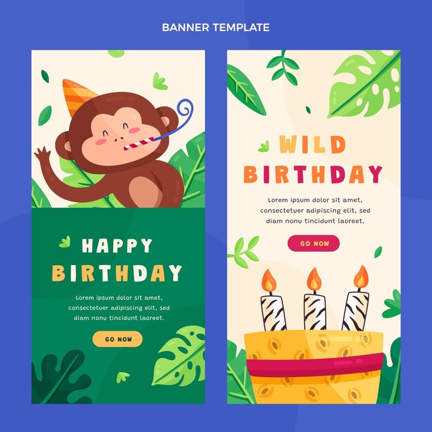 Conjunto de banners verticais de festa de aniversário de selva plana
