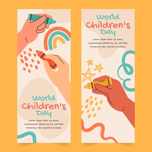 Conjunto de banners verticais desenhados à mão para o dia mundial das crianças