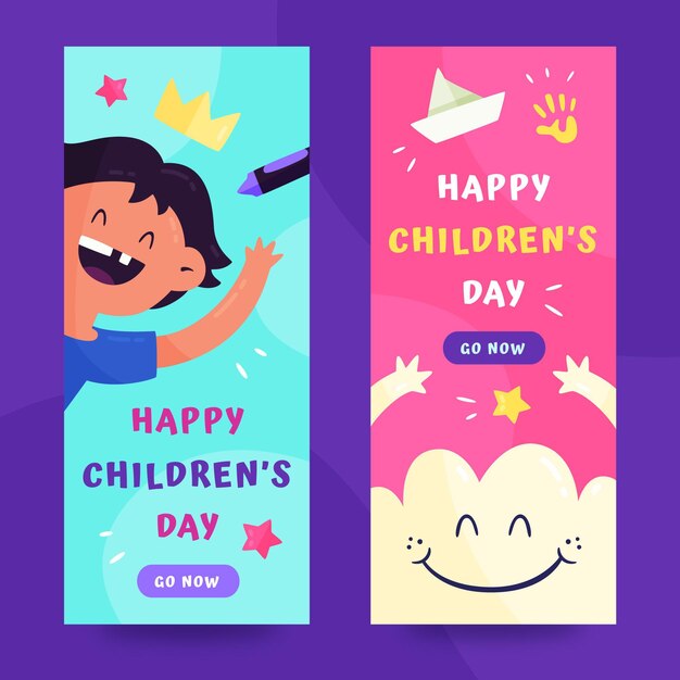 Conjunto de banners verticais desenhados à mão para o dia mundial das crianças