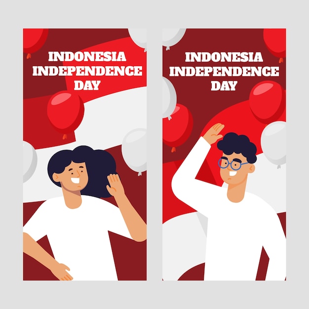 Vetor grátis conjunto de banners verticais do dia da independência da indonésia plana