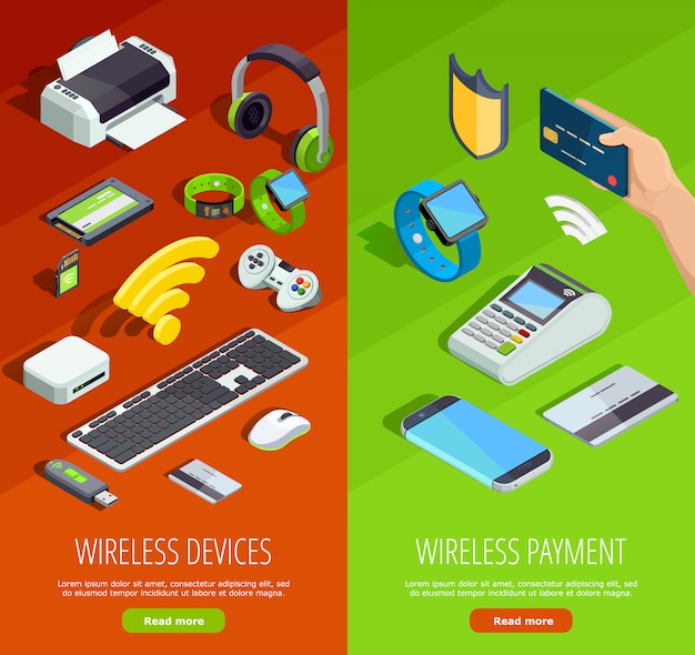 Conjunto de Banners verticais isométrica de tecnologia sem fio