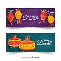 Vetor grátis conjunto de banners web de mão desenhada diwali