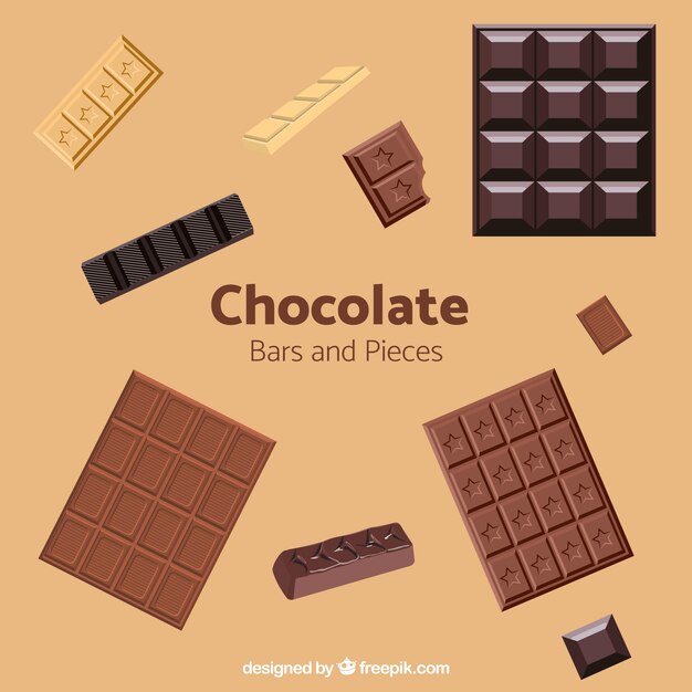 Conjunto de barras e pedaços com diferentes chocolates