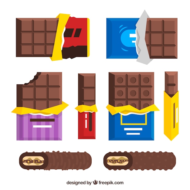 Conjunto de barras e pedaços com diferentes chocolates