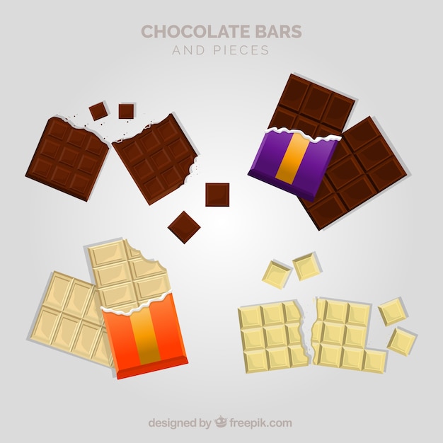 Conjunto de barras e pedaços com diferentes chocolates