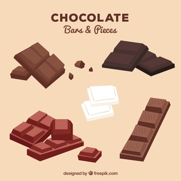 Conjunto de barras e pedaços de chocolate delicioso