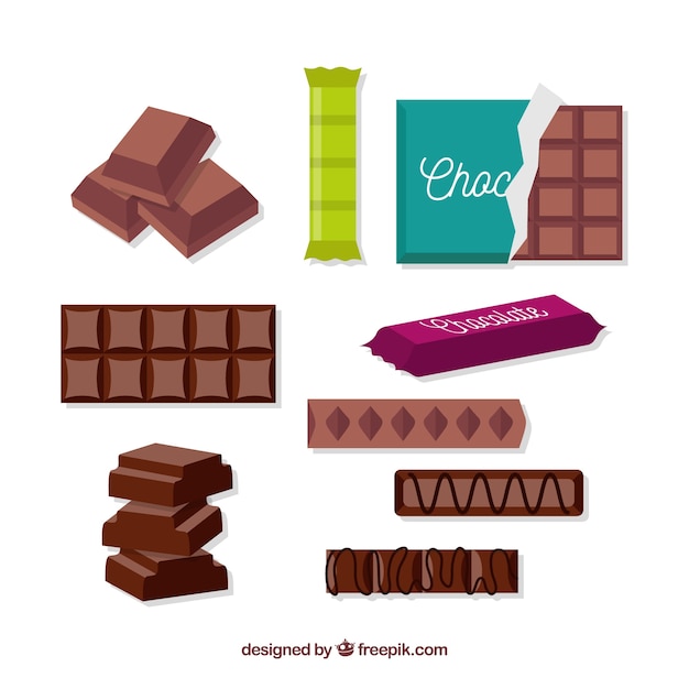 Vetor grátis conjunto de barras e pedaços de chocolate delicioso