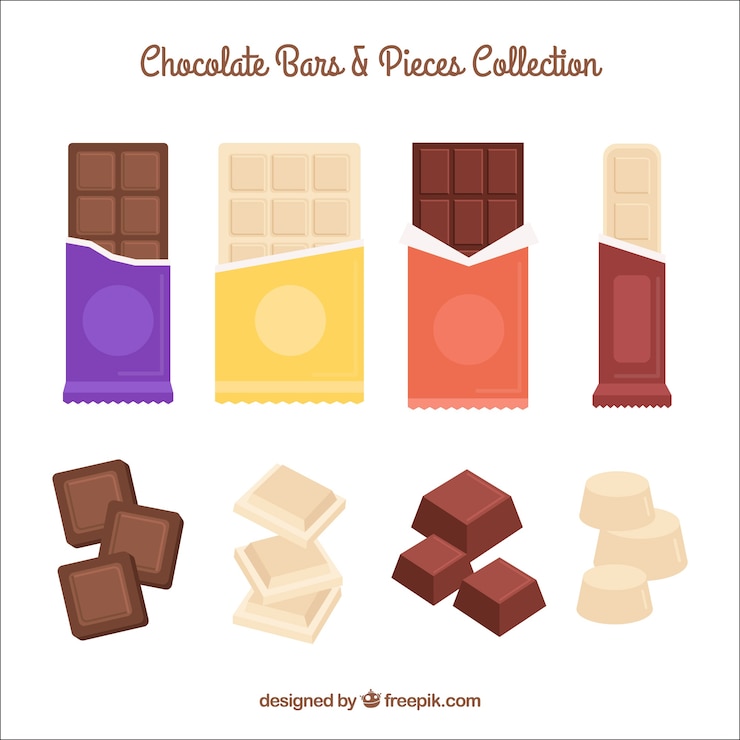 Vetor grátis conjunto de barras e pedaços de chocolate delicioso