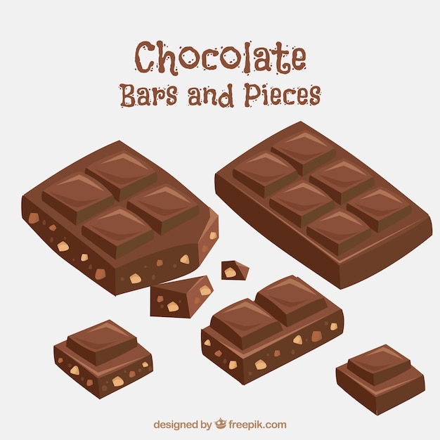 Conjunto de barras e pedaços de chocolate delicioso