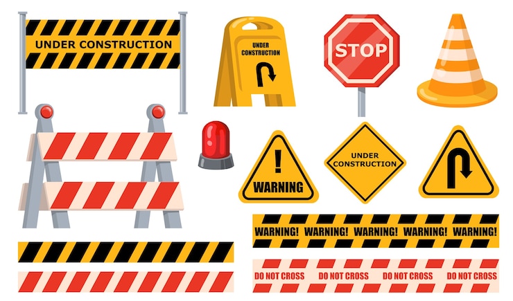 Vetor grátis conjunto de barreiras rodoviárias. sinais de aviso e pare, sob as placas de construção, fita amarela e cone. ilustrações planas para bloqueio de estrada, obras rodoviárias, conceito de barricada de tráfego.