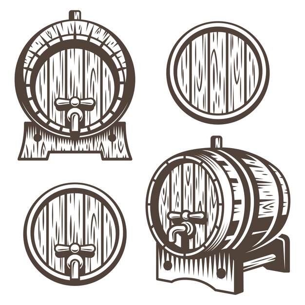 Conjunto de barris de madeira vintage em diferentes escorços. Estilo monocromático. Isolado em fundo branco