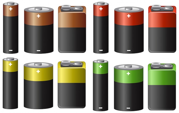 Vetor grátis conjunto de baterias em vários tamanhos e cores