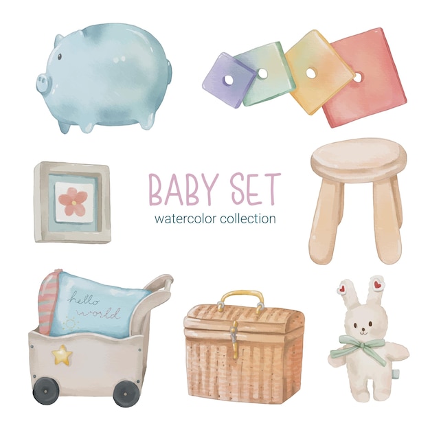 Vetor grátis conjunto de belas peças separadas de roupas para bebês e brinquedos em cores de água