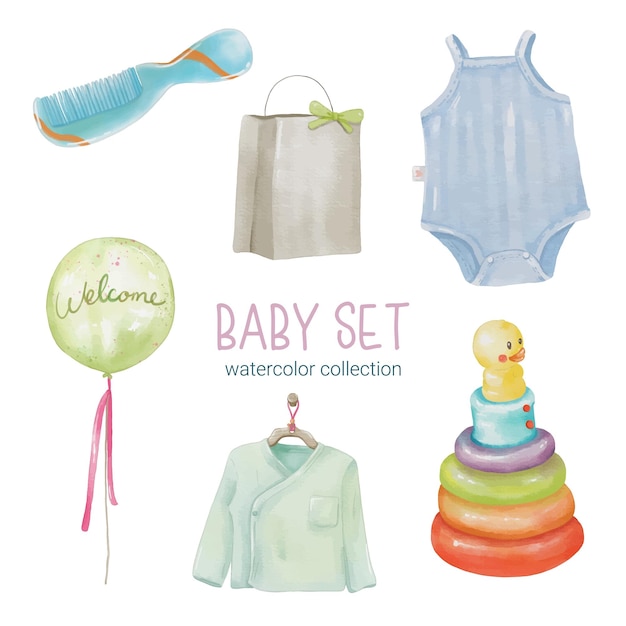 Conjunto de belas peças separadas de roupas para bebês e brinquedos em cores de água