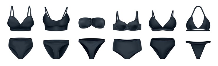Vetor grátis conjunto de biquíni feminino realista com ícones isolados de calças e sutiãs de cor escura em ilustração vetorial de fundo em branco