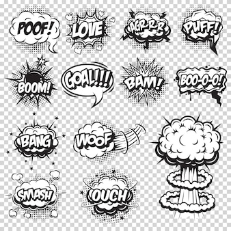 Conjunto de bolhas de discurso e explosão de quadrinhos. estilo monocromático com texto em fundo transparente.