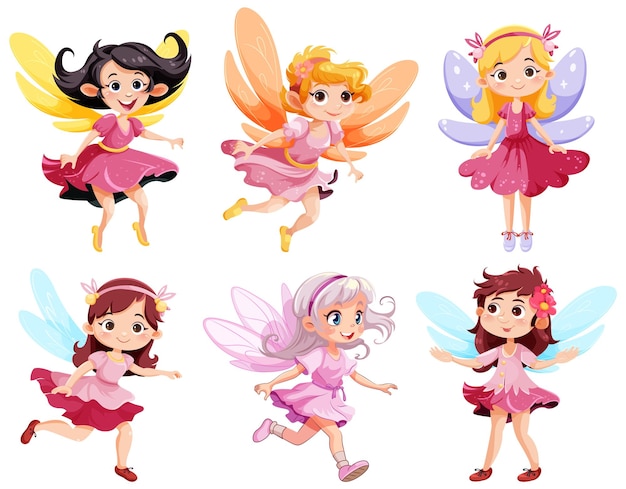 Conjunto de bonitas fadas de fantasia personagem de desenho animado