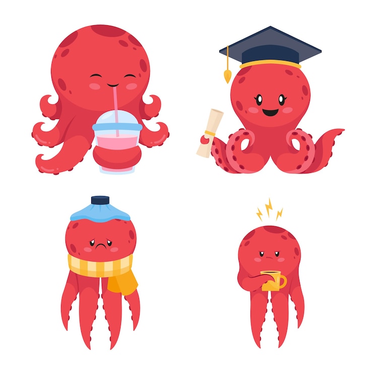 Vetor grátis conjunto de bonitos polvos desenhados à mão bebendo coquetel, graduando-se na universidade, sentindo-se doente, bebendo café