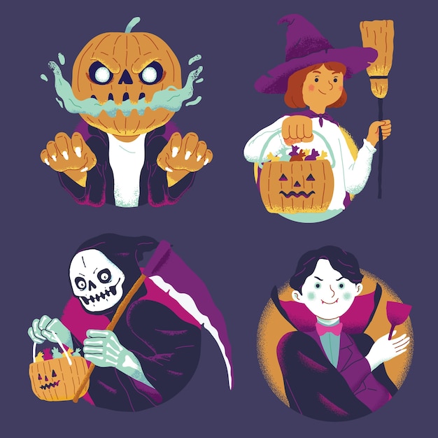 Conjunto de bruxa personagem de halloween, ceifador, vampiro, abóbora jack o lantern com doces