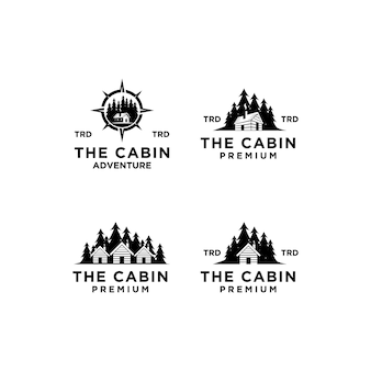 Conjunto de cabine de madeira premium de coleção e floresta de pinheiros de montanha retro vector design de logotipo preto isolado fundo branco