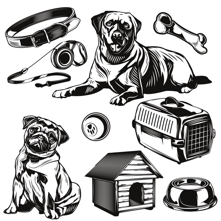 Vetor grátis conjunto de cães e seus elementos de brinquedos