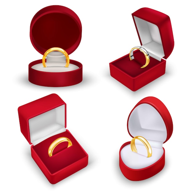 Conjunto de caixa de anel vermelho realista de quatro visualizações isoladas com alianças de casamento em caixas de veludo vermelho ilustração do vetor