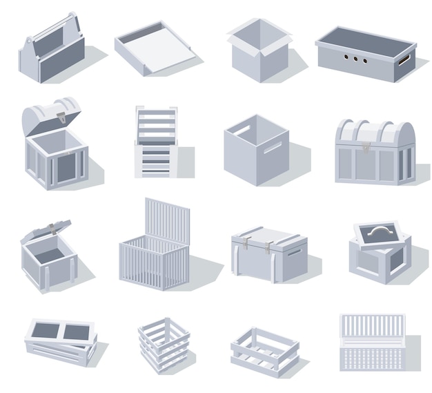 Vetor grátis conjunto de caixas 3d com ícones de maquete de caixas de madeira coloridas em branco isoladas em ilustração vetorial de fundo em branco