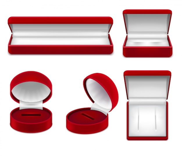 Vetor grátis conjunto de caixas de jóias vermelhas abertas realistas para brincos de pulseira de colar ou pregos isolados