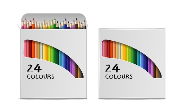Conjunto de caixas realistas de vetor de lápis de cor, isolado no fundo branco. pacotes abertos e fechados com lápis de cor. modelo de design, clipart ou maquete para seus gráficos. vista do topo