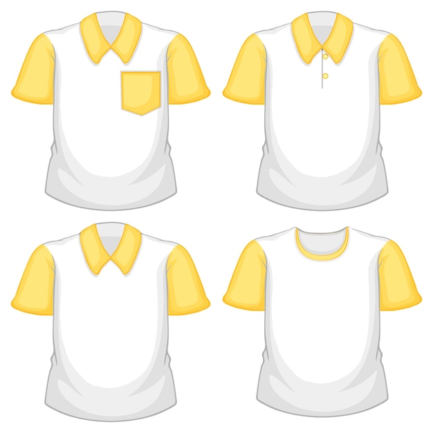 Conjunto de camisa branca diferente com mangas curtas amarelas isoladas em branco