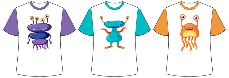 Vetor grátis conjunto de camisas diferentes com monstros ou alienígenas fofos