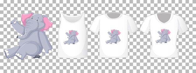 Vetor grátis conjunto de camisas diferentes com o personagem de desenho animado de elefante isolado em fundo transparente