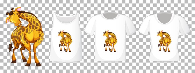 Vetor grátis conjunto de camisas diferentes com personagem de desenho animado de girafa isolado em fundo transparente