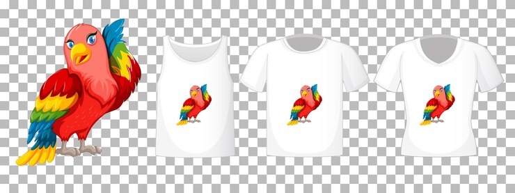 Vetor grátis conjunto de camisas diferentes com personagem de desenho animado de pássaro papagaio isolado
