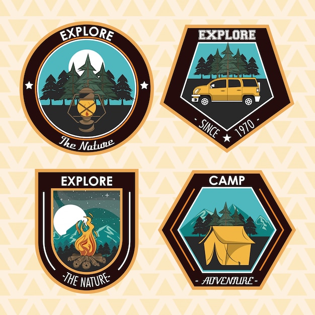 Conjunto de campismo explorar emblemas de patches de verão