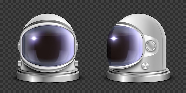 Vetor grátis conjunto de capacete de astronauta realista com duas imagens isoladas de balde de capacete de traje espacial em ilustração vetorial de fundo transparente
