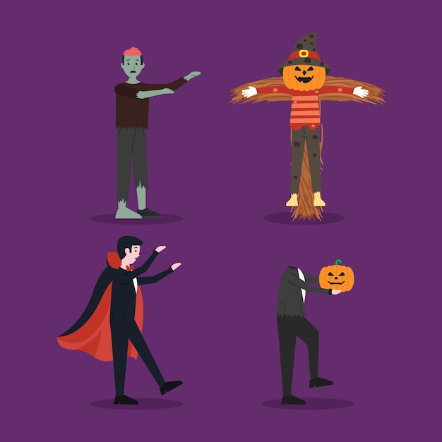 Vetor grátis conjunto de caracteres de halloween de design plano