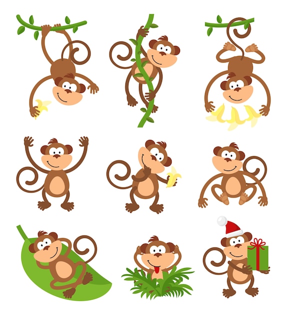 Conjunto De Ilustrações Vetoriais Do Conjunto De Desenhos Animados Macacos.  Ilustração do Vetor - Ilustração de fruta, feliz: 260048617