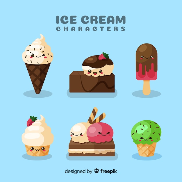 Conjunto de caracteres de sorvete de kawaii mão desenhada
